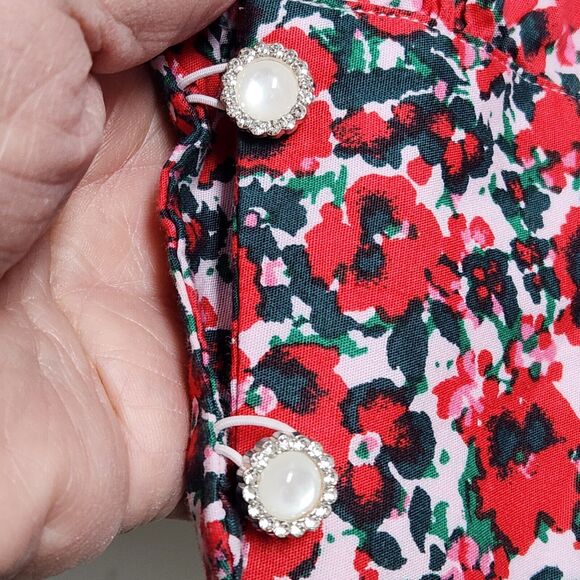 J Crew Womens Poplin Ruffle Top Size M Long Sleeve Red Multicolor Poppies Button - Picture 7 of 11